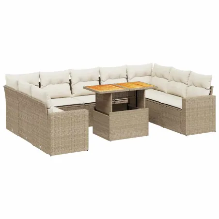 Salon de jardin avec coussins 10 pcs beige résine tressée