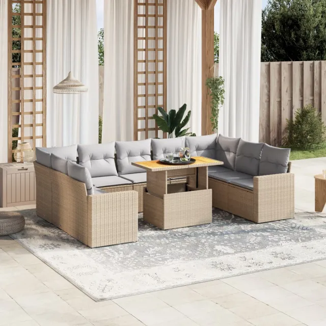 Salon de jardin avec coussins 10 pcs beige résine tressée