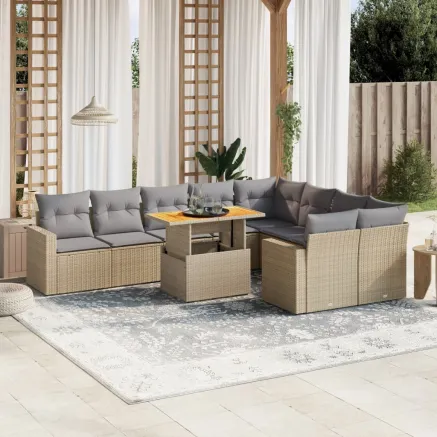 Salon de jardin avec coussins 10 pcs beige résine tressée