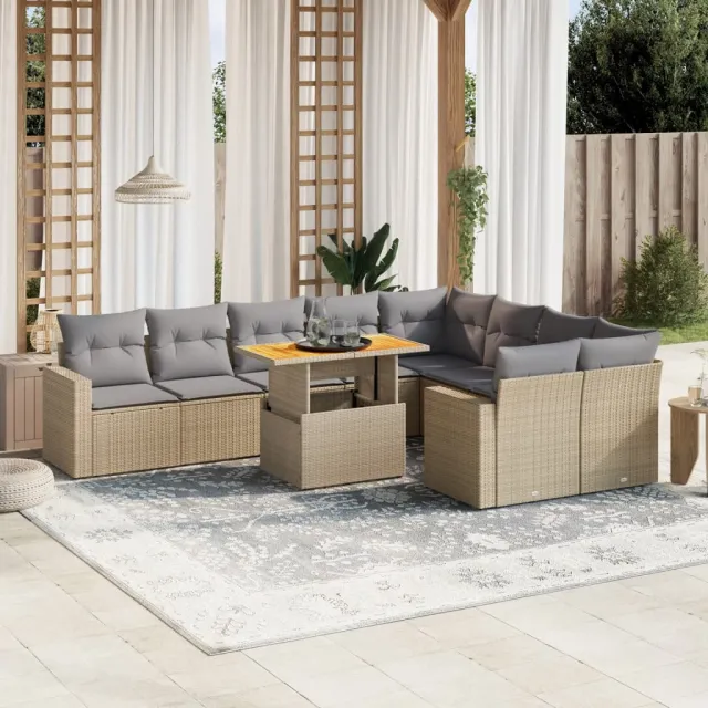 Salon de jardin avec coussins 10 pcs beige résine tressée