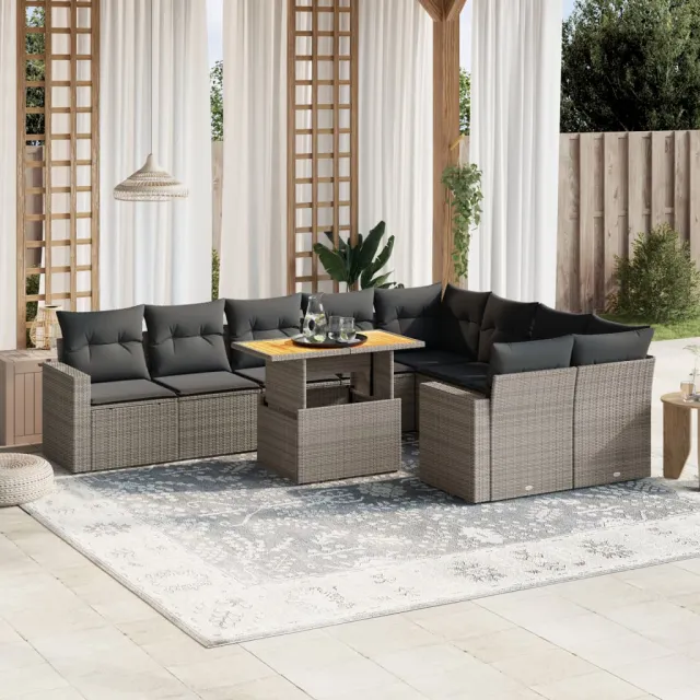 Salon de jardin avec coussins 10 pcs gris résine tressée