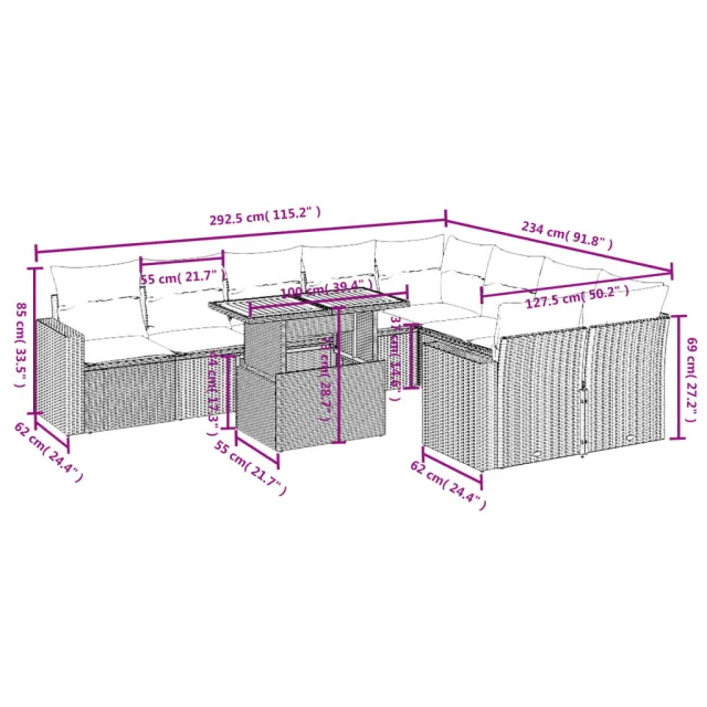 Salon de jardin avec coussins 10 pcs gris résine tressée