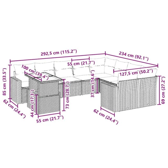 Salon de jardin avec coussins 10 pcs beige résine tressée
