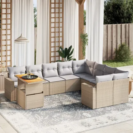 Salon de jardin avec coussins 10 pcs beige résine tressée