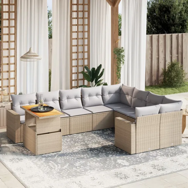 Salon de jardin avec coussins 10 pcs beige résine tressée