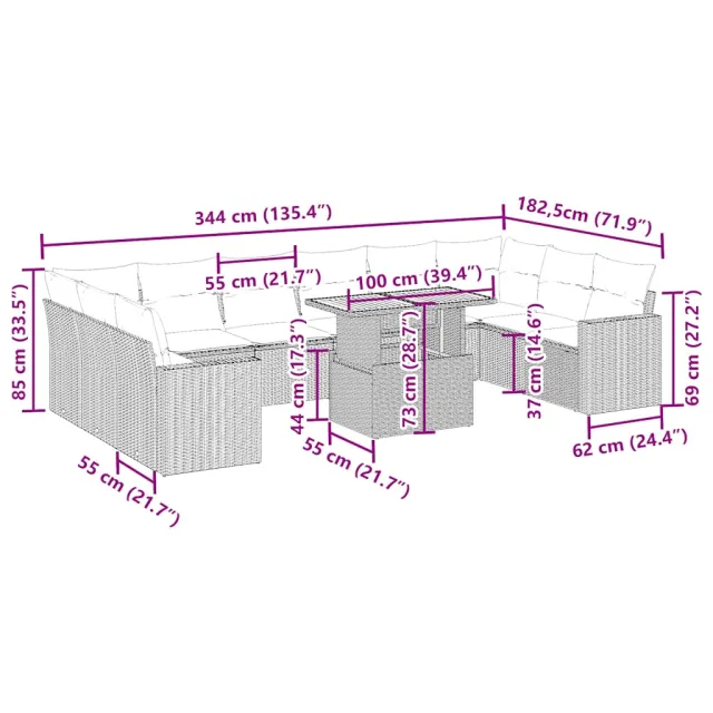 Salon de jardin 11 pcs avec coussins beige résine tressée