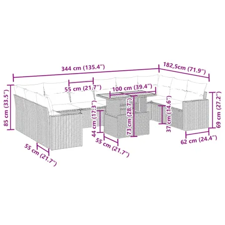 Salon de jardin 11 pcs avec coussins beige résine tressée