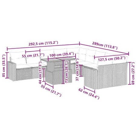 Salon de jardin 11 pcs avec coussins beige résine tressée