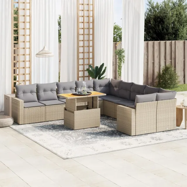 Salon de jardin 11 pcs avec coussins beige résine tressée