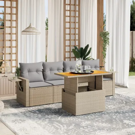 Salon de jardin avec coussins 5 pcs beige résine tressée