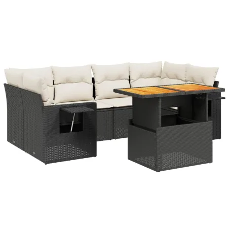 Salon de jardin 7 pcs avec coussins noir résine tressée