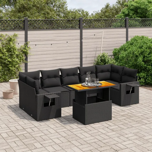 Salon de jardin 8 pcs avec coussins noir résine tressée
