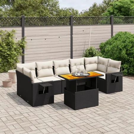 Salon de jardin 8 pcs avec coussins noir résine tressée