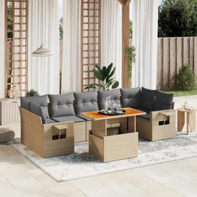 Salon de jardin avec coussins 8 pcs beige résine tressée