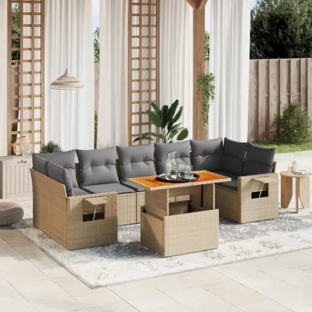 Salon de jardin avec coussins 8 pcs beige résine tressée