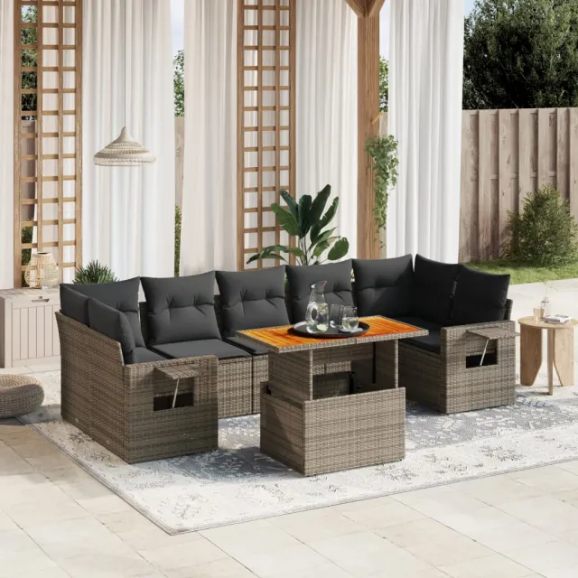 Salon de jardin 8 pcs avec coussins gris résine tressée