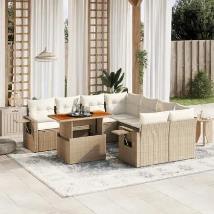 Salon de jardin avec coussins 9 pcs beige résine tressée