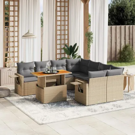 Salon de jardin avec coussins 9 pcs beige résine tressée