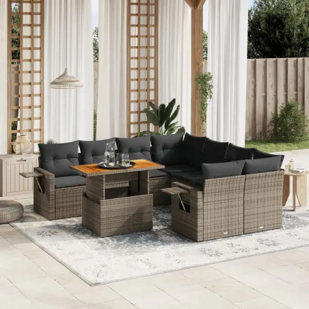 Salon de jardin 9 pcs avec coussins gris résine tressée