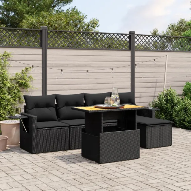 Salon de jardin 6 pcs avec coussins noir résine tressée