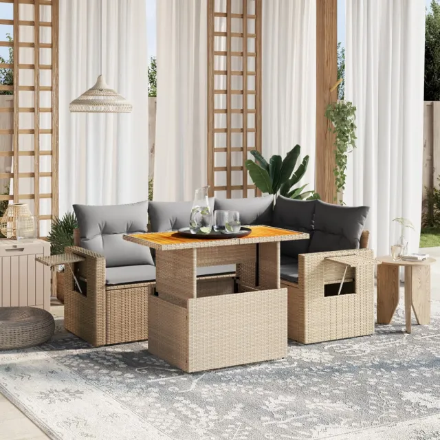 Salon de jardin avec coussins 5 pcs beige résine tressée
