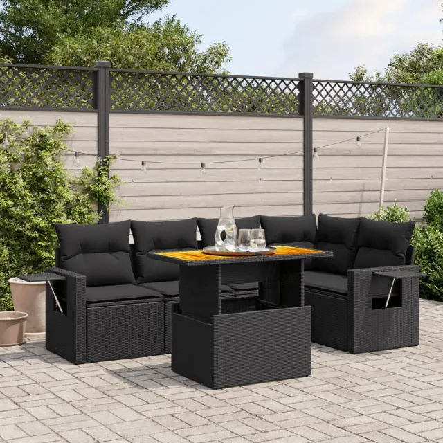 Salon de jardin 6 pcs avec coussins noir résine tressée