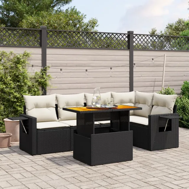 Salon de jardin 6 pcs avec coussins noir résine tressée