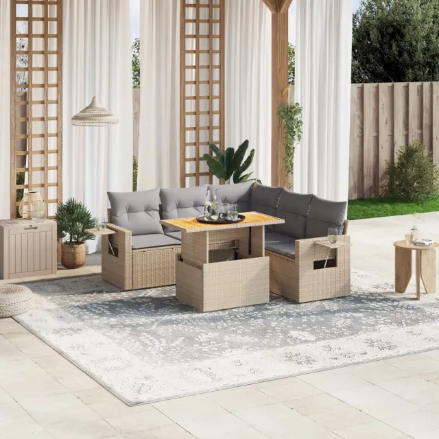 Salon de jardin avec coussins 6 pcs beige résine tressée