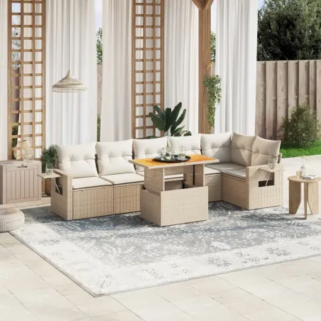 Salon de jardin avec coussins 7 pcs beige résine tressée