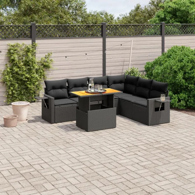 Salon de jardin 7 pcs avec coussins noir résine tressée