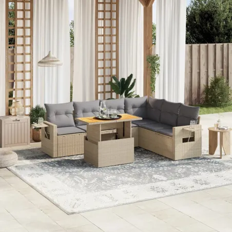 Salon de jardin avec coussins 7 pcs beige résine tressée