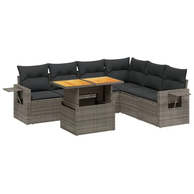 Salon de jardin avec coussins 7 pcs gris résine tressée