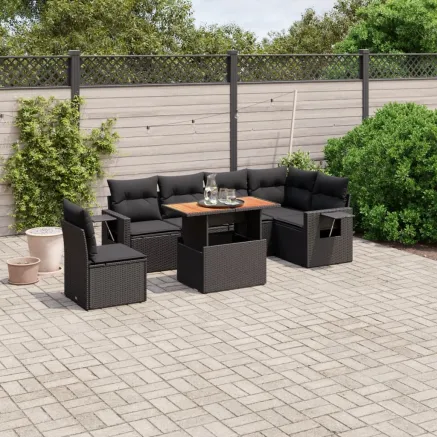 Salon de jardin 7 pcs avec coussins noir résine tressée