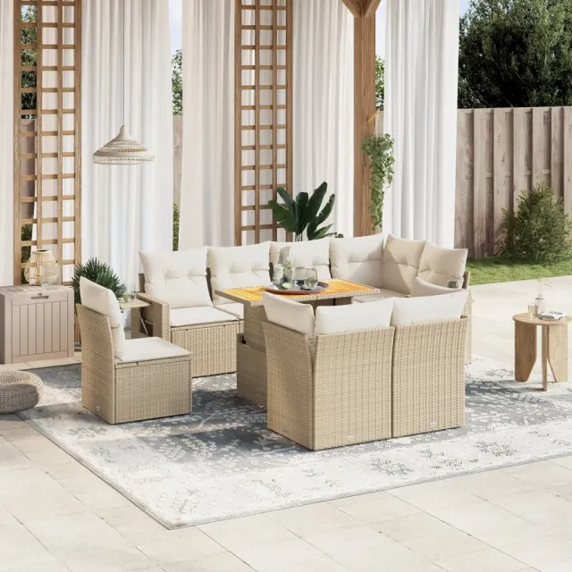 Salon de jardin avec coussins 9 pcs beige résine tressée