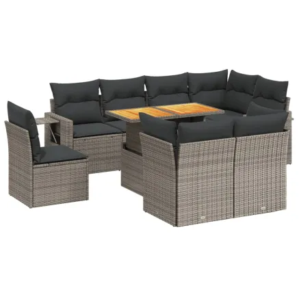 Salon de jardin 9 pcs avec coussins gris résine tressée 2
