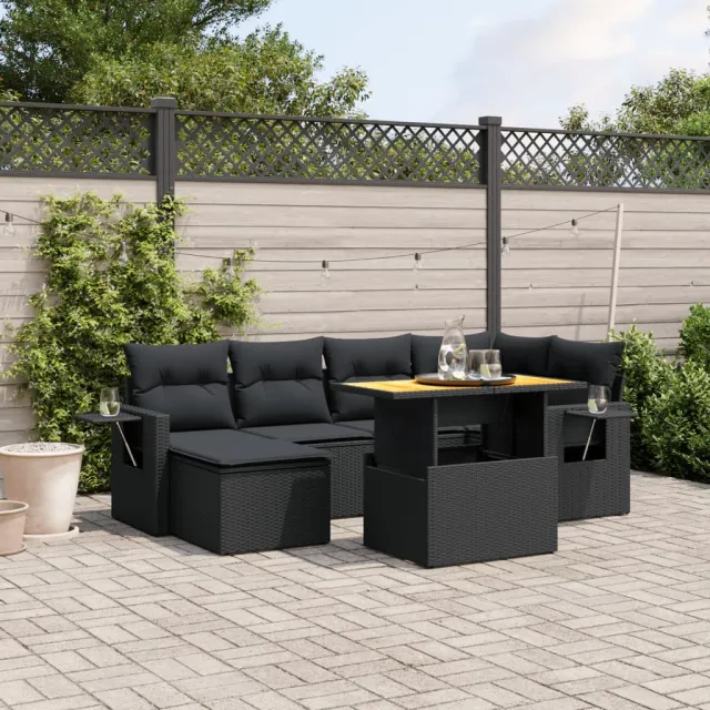 Salon de jardin 7 pcs avec coussins noir résine tressée