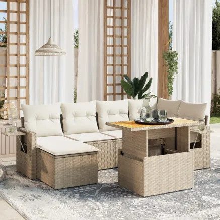 Salon de jardin avec coussins 7 pcs beige résine tressée