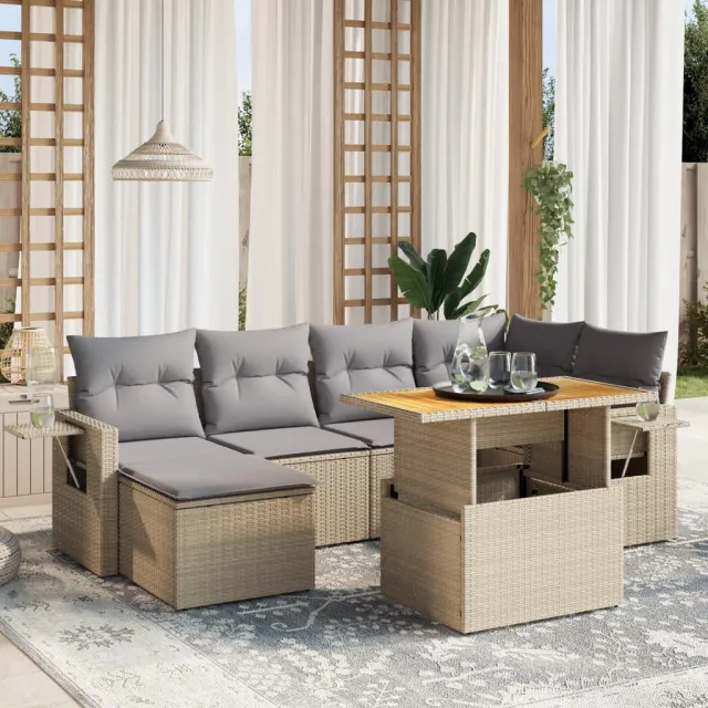 Salon de jardin avec coussins 7 pcs beige résine tressée