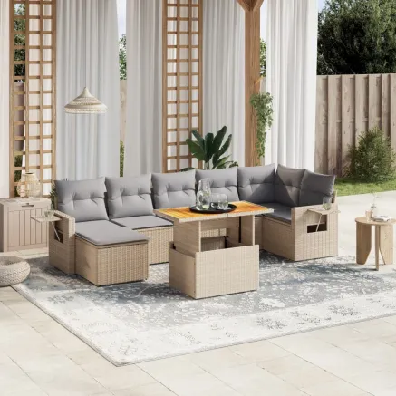 Salon de jardin avec coussins 8 pcs beige résine tressée