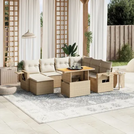 Salon de jardin avec coussins 8 pcs beige résine tressée