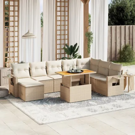 Salon de jardin avec coussins 9 pcs beige résine tressée