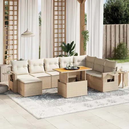 Salon de jardin avec coussins 9 pcs beige résine tressée
