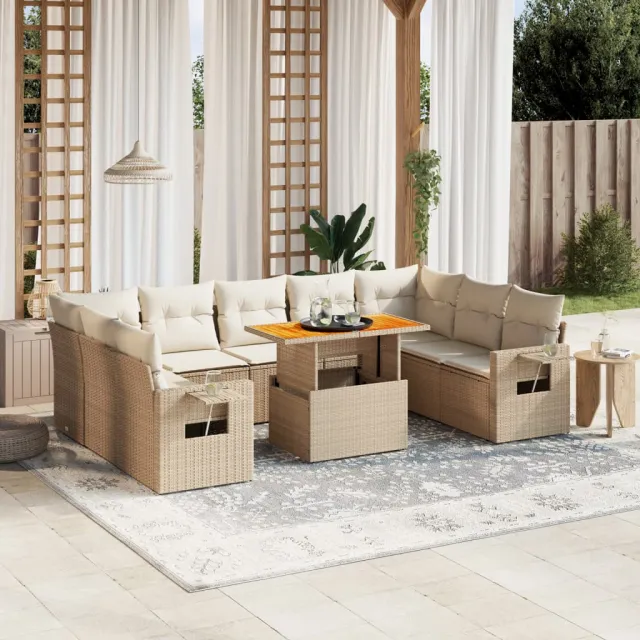 Salon de jardin avec coussins 10 pcs beige résine tressée