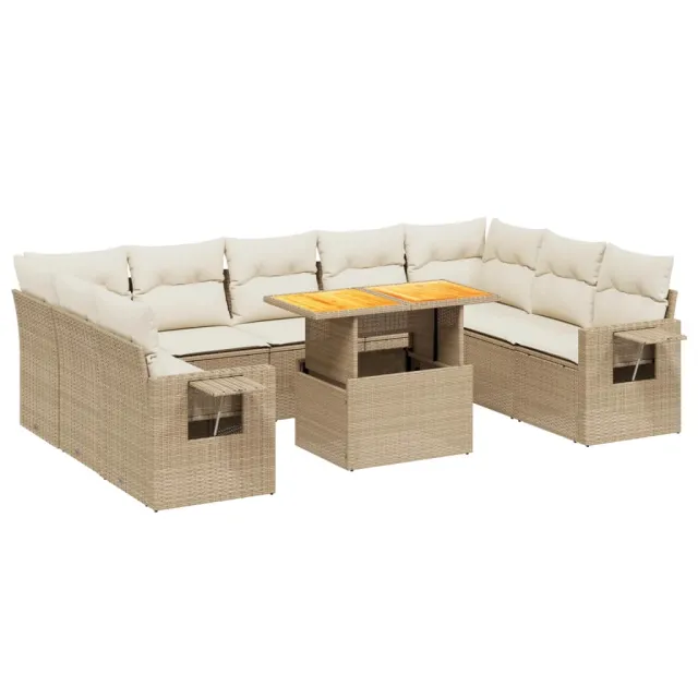 Salon de jardin avec coussins 10 pcs beige résine tressée