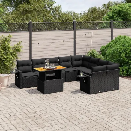 Salon de jardin 10 pcs avec coussins noir résine tressée