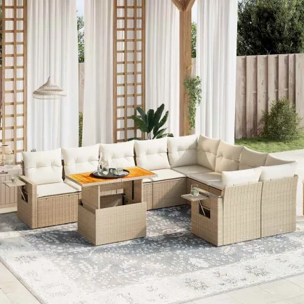 Salon de jardin avec coussins 10 pcs beige résine tressée