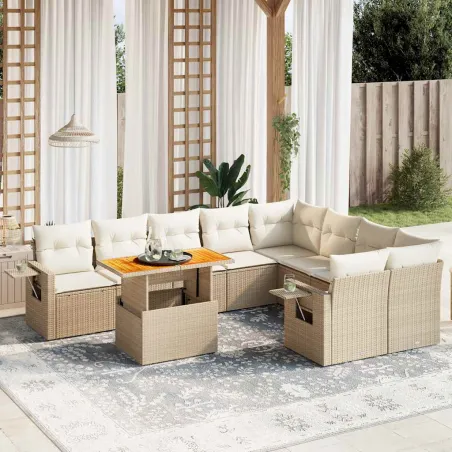 Salon de jardin avec coussins 10 pcs beige résine tressée