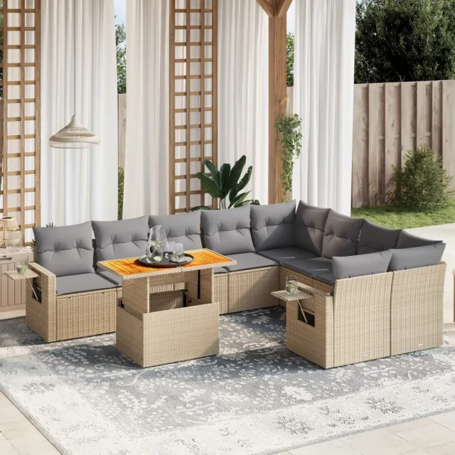 Salon de jardin avec coussins 10 pcs beige résine tressée
