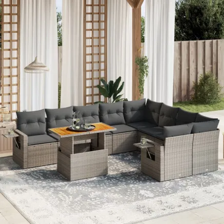 Salon de jardin avec coussins 10 pcs gris résine tressée