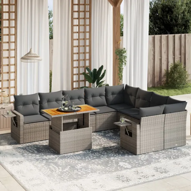 Salon de jardin avec coussins 10 pcs gris résine tressée